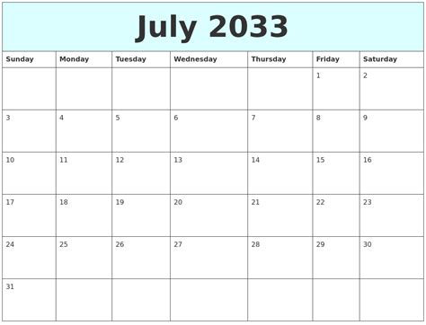 July 2033 Free Calendar