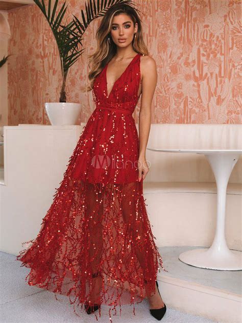 Sequin Maxi Dresses Red Backless V Neck Sleeveless Floor Length Party Dress