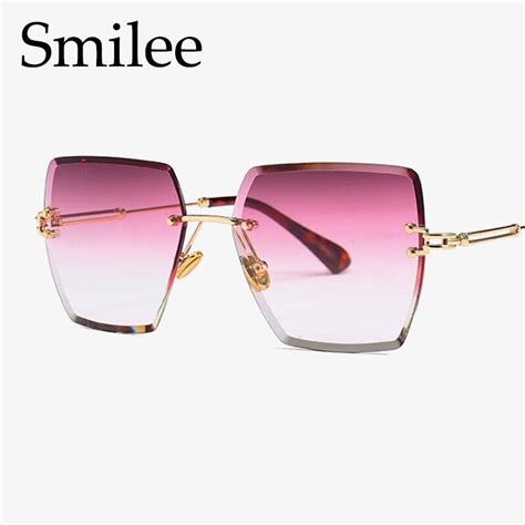 buy gradient lens rimless sunglasses women oversized clear lens diamond cutting