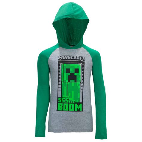 Minecraft Boys Long Sleeve Creeper Hoodie Tee Greengrey 2 Sizes 4 16