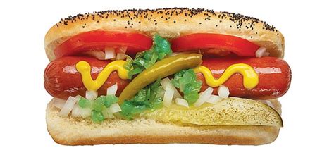 Poppy seed bun, vienna beef hot dog, yellow mustard, pickle, raw white onion, tomato slices, peppers, celery salt. Vienna Beef Hot Dogs Mail Order Menu - Chicago, IL