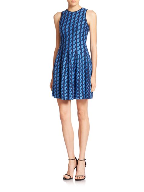 Lyst Rvn Jacquard Puzzle Print Flared Dress In Blue