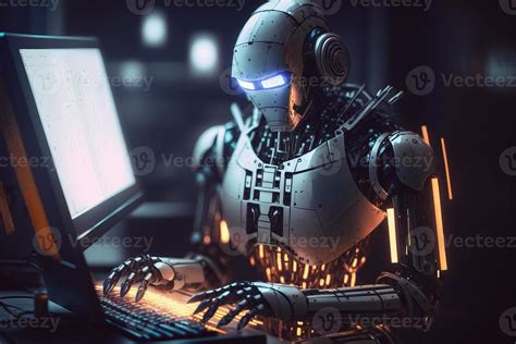 Ai Robot Working With Computer Futuristic Humanoid Worker Generative