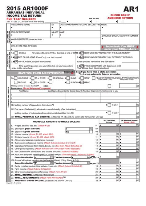 Fillable Form Ar1000f Arkansas Individual Income Tax Return Full Year