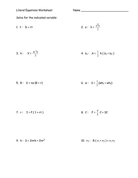 Literal Equations Algebra 1 Worksheet