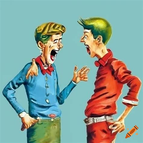 Colorful Humorous Book Illustration Of Two Young Men Shouting On Craiyon