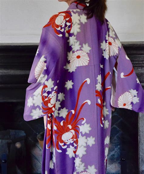 Antique Japanese Kimono Robe Purple Silk With Lilies And Chrysanthemums Including Obijime