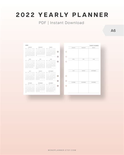 2022 A6 Calendar Printable Planner Inserts 2022 Year At A Etsy