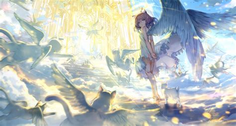 Download 1680x900 Anime Girl Angel Wings Heaven Stairs Light Dress