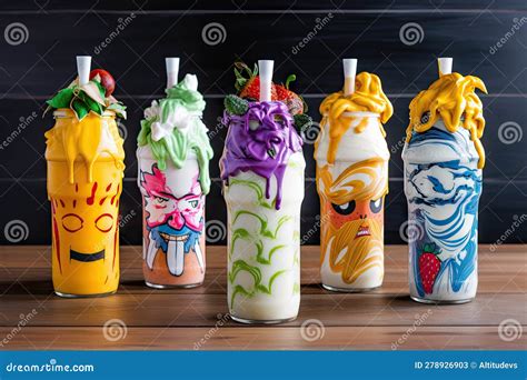 Creative Milkshake Art With Fruit Sauces And Whipped Cream Stock