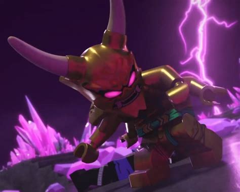 A Lego Figure With Horns And Lightning In The Background