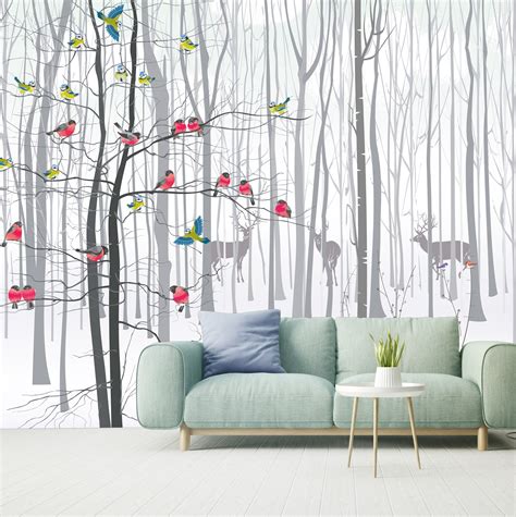 Bird Wallpaper Wall Mural Of Trees And Deers Modern Home Decor For