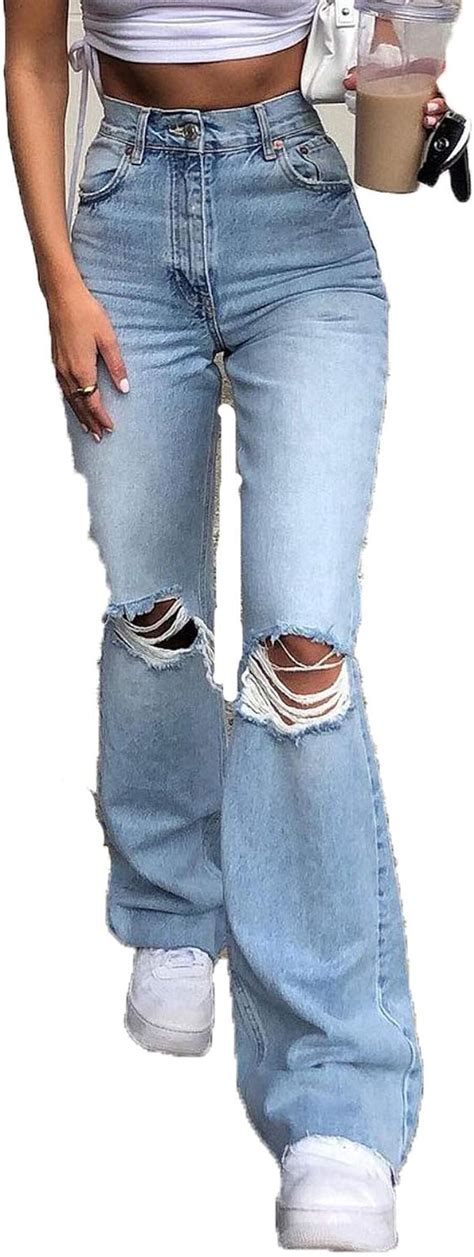 Womens Ripped Flare Bell Bottom Jeans Casual Loose Flared High Waisted