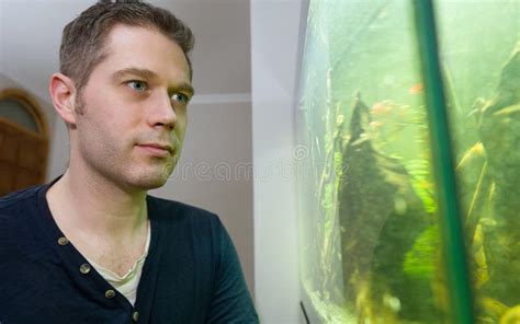 Handsome Man Looks At The Fish Stock Image Image Of Male Looking