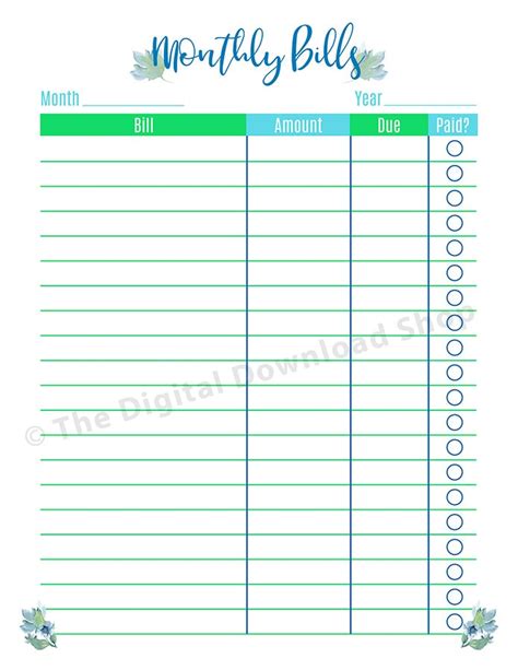 Monthly Bill Tracker Printable Floral The Digital