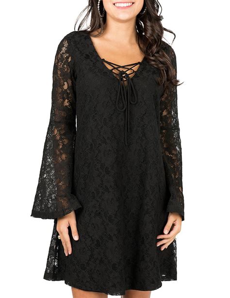 Hairstyles always compliment your dressing. Flying Tomato Women's Black Lace with Lace Up V-Neck Long Bell Sleeve Dress | Caven… | Western ...