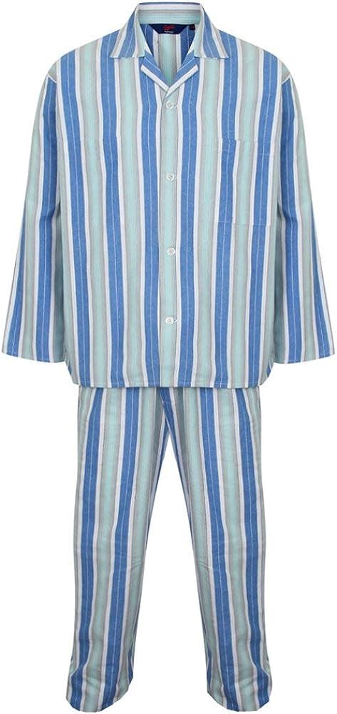 Mens Flannelette Drawstring Waist Pyjamas 100 Cotton Blue Stripe