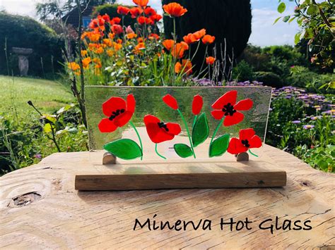 Poppy Poppies Fused Glass Panel On Wood Stand Fused Glass Etsy
