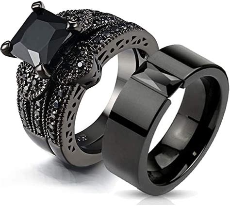 Couple Ring Bridal Sets His And Hers Women Black Gold Filled Square Cz