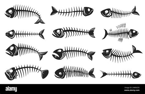 Fish Bone Icons Fishbone Isolated Skeleton Vector Silhouettes Cartoon