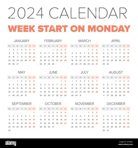 2024 One Page Yearly Calendar With Week Numbers Simple Calendar 2024