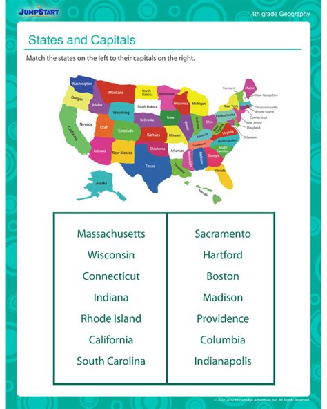States And Capitals View Free Printable Geography Worksheet For 3rd