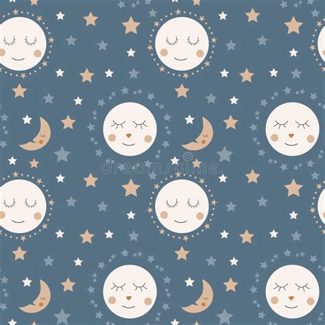 Seamless Pattern Of Cute Sleepy Moons And Stars On A Dusty Blue