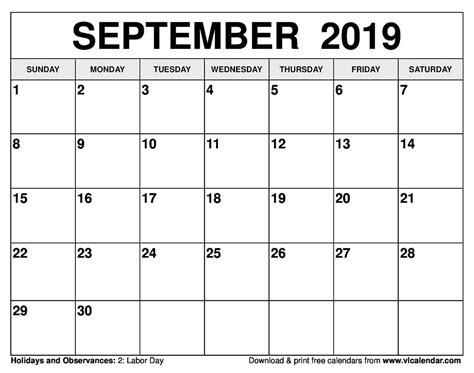 September 2019 Calendar Printable Templates Karen Cline