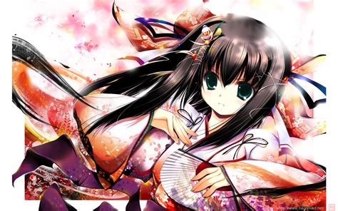 Blush Brown Hair Cherry Blossoms Fan Flowers Japanese Clothes Long Hair Ribbons Tenmu