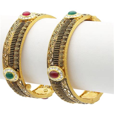 22k Antique Gold Kada Bangles Wruby And Emerald Set Of 2 Virani Jewelers