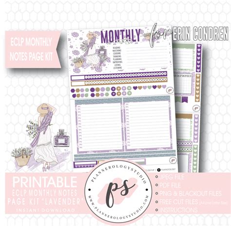 Lavender Monthly Notes Page Kit Digital Printable Planner Stickers Fo