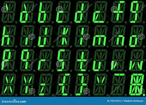 Digital Font From Small Letters On Green Alphanumeric Led Display Stock