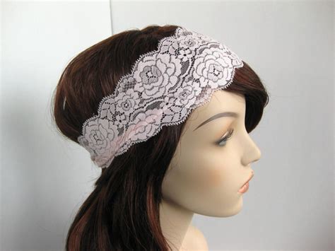 Stretch Lace Headband Pale Pink Roses Head Wrap Womens Hairband Hair