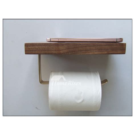 Wall Mount Toilet Paper Holder Wooden Natural With Shelf