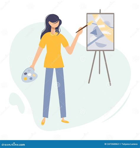 Illustration Of An Artist Painting An Abstract Painting On An Easel