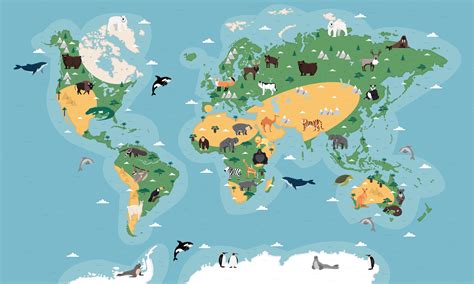 World Map With Animals And Birds Kids World Map World Map Wallpaper Images