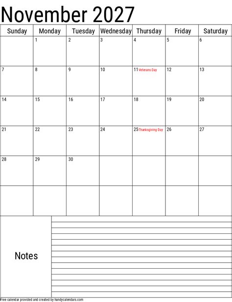 November 2027 Vertical Calendar With Notes And Holidays Handy Calendars