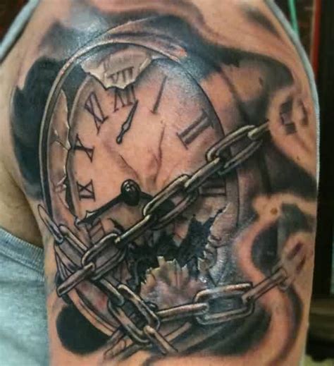 Broken Clock And Chain Tattoos On Shoulder Zeitloses Tattoo Chain