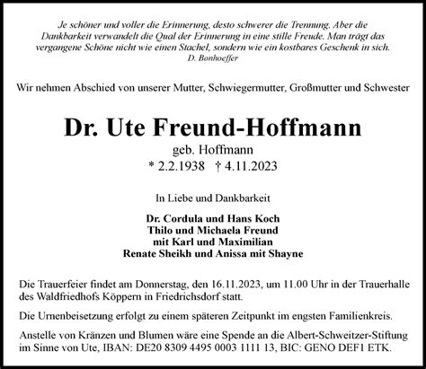 Traueranzeigen Von Ute Freund Hoffmann Frankfurter Allgemeine Lebenswege