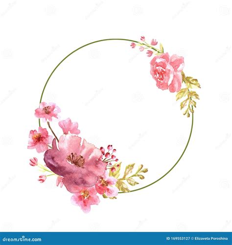 Watercolor Elegant Circle Pink Frame With Flowers Isolated On White