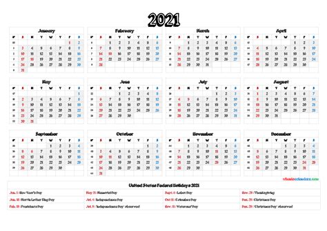 Printable 2021 Calendar With Holidays 6 Templates