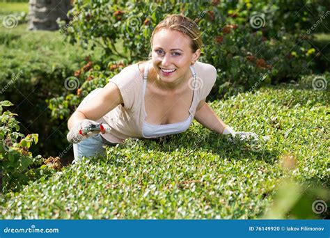 Woman Taking Care Of Bushes In Garden Stock Photo Image Of Positive
