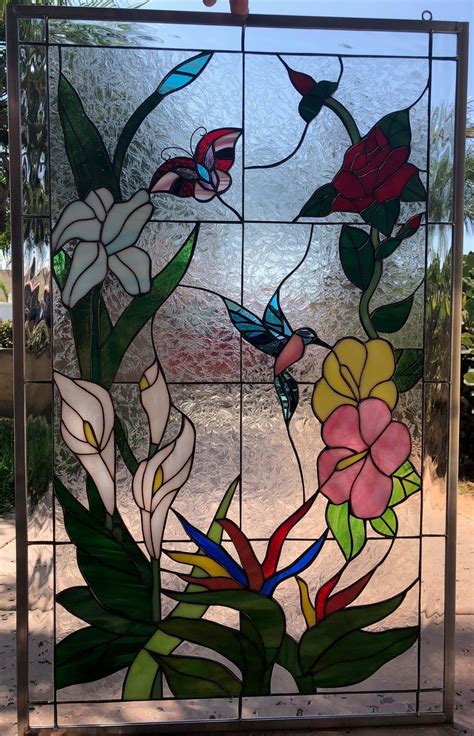 Elegant Hummingbird Butterfly And Flowers Leaded Stained