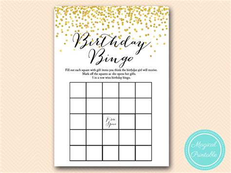 Gold Confetti Birthday Bingo Magical Printable
