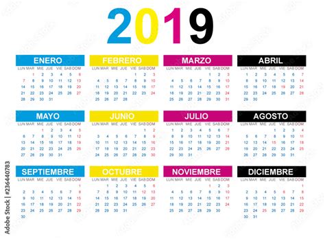 Calendario 2019 En Español Con Fiestas De España En Cmyk Stock Vector