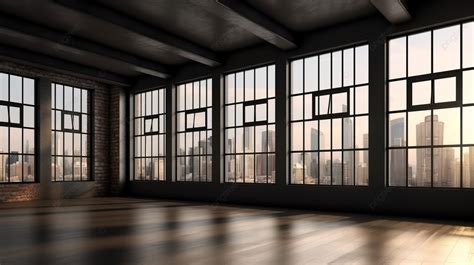 Empty Loft Building With Windows Facing The City Background 3d