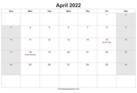 April 2022 Calendar with UK Bank Holidays highlighted (Landscape Layout)