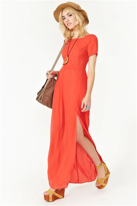 flowy coral maxi dress featuring a side split and cutout in back unlined partially lined zip