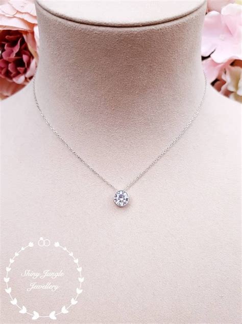 Classic Bezel Set 2 Carats Diamond Necklace 8 Mm Round Etsy Uk