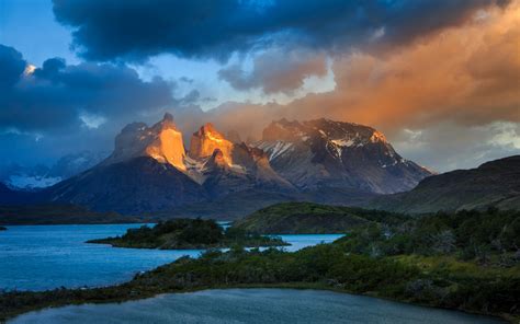 Clouds Lake Torres Del Paine Snowy Peak Nature Mountains